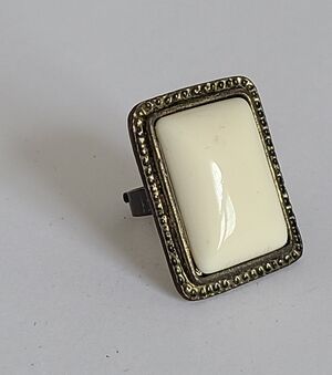 Vintage Boho Cream Marble Resin Stone Bronze Antique Bezel Chunky Rectangle Ring